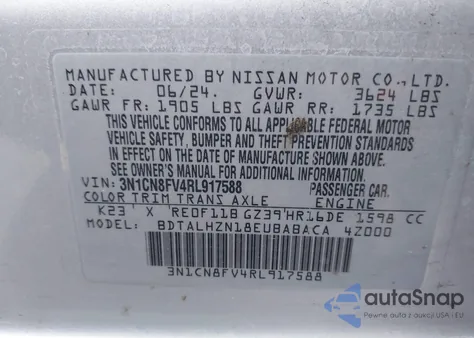 2024 Nissan Versa 1.6 Sr z USA, uszkodzony, nr VIN 3N1CN8FV4RL917588